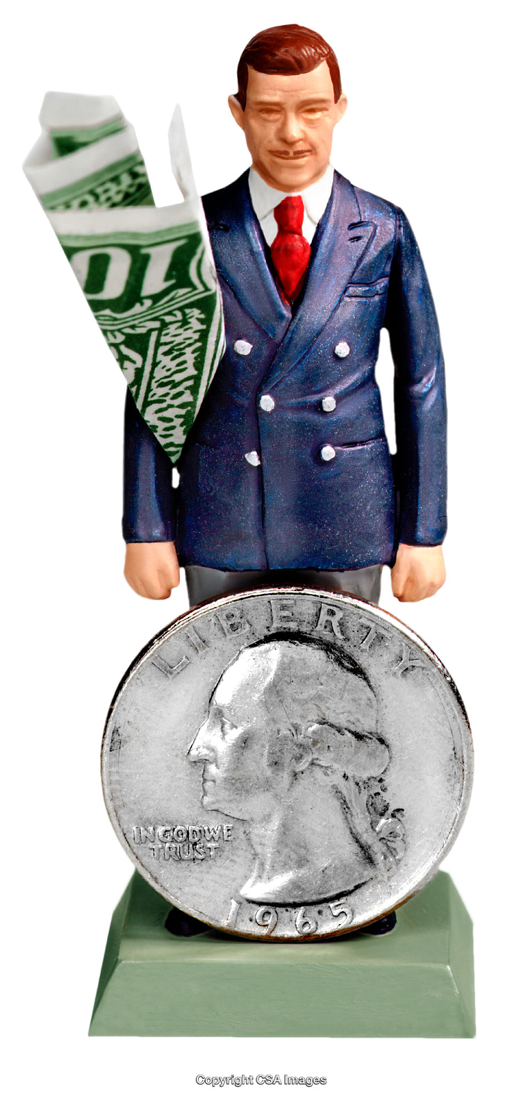 Businessman Figure with Coin and Dollar Bill Conceptual Representation