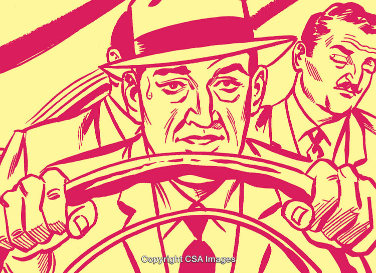Retro Illustration of Men Driving in Suits with a Tense Expression