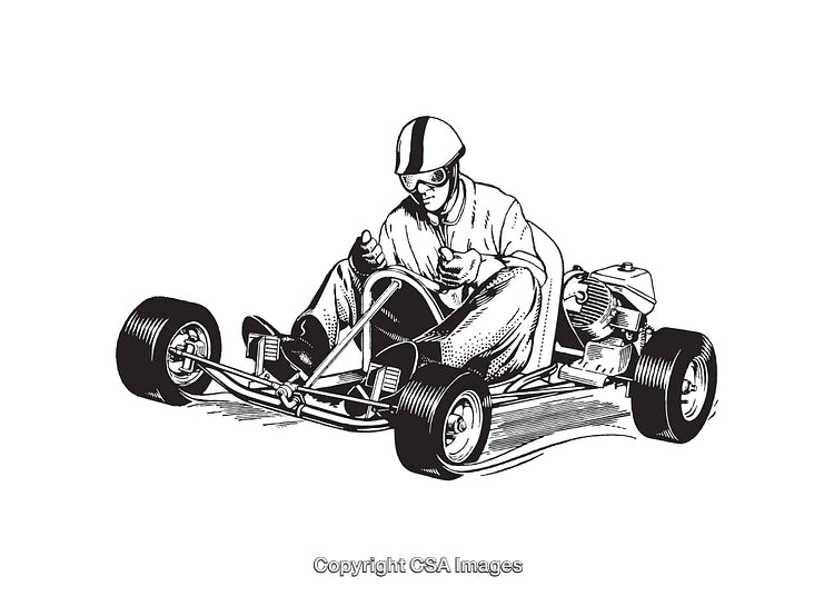 Black and White Line Art of a Person Go-Kart Racing