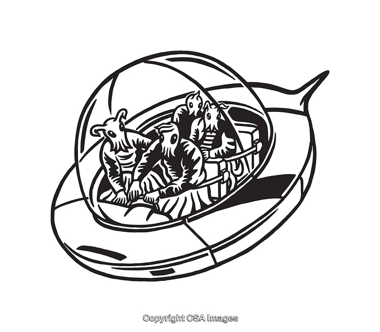 Black and White Art of Aliens in a Spaceship Line Drawing