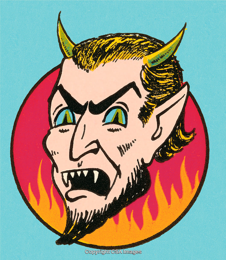Retro Illustration of a Devil's Head Surrounded by Flames in a Circle Design