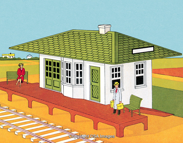 Vintage Train Station Illustration Featuring Waiting Passengers and Surrounding Landscape
