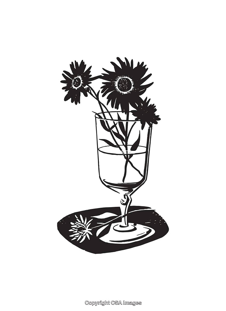 Black and White Line Art Illustration of Flowers in a Glass Vase
