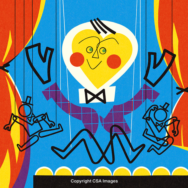 Colorful Abstract Illustration of a Puppet Master With Vibrant Puppets