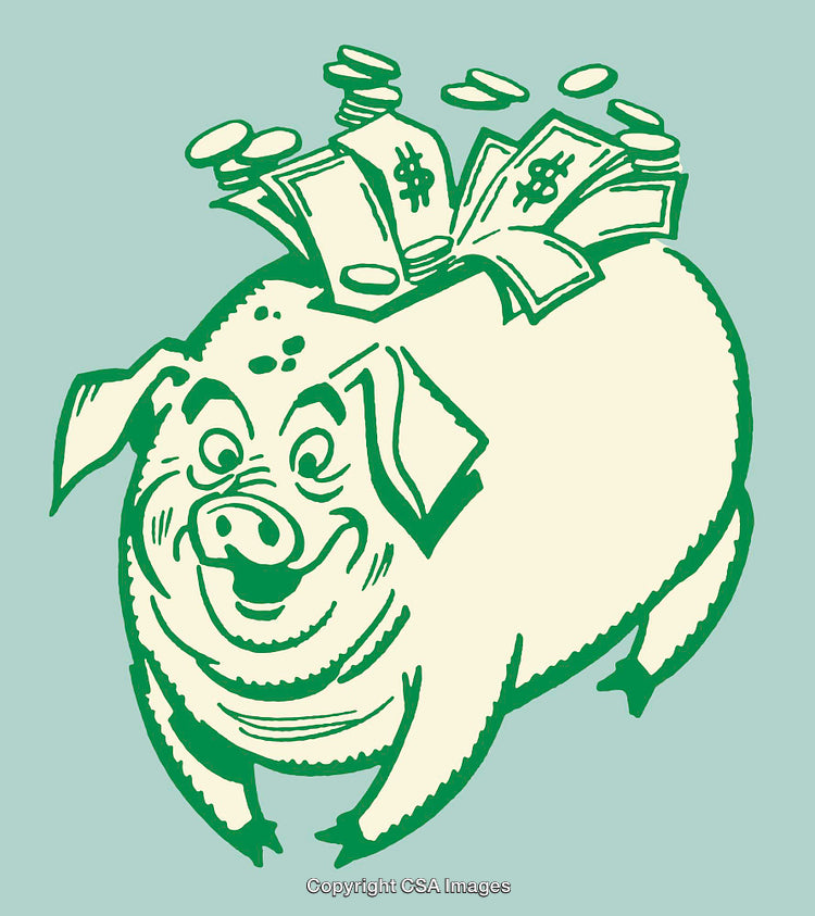 Illustration of a Piggy Bank Holding Money in a Green and Beige Style