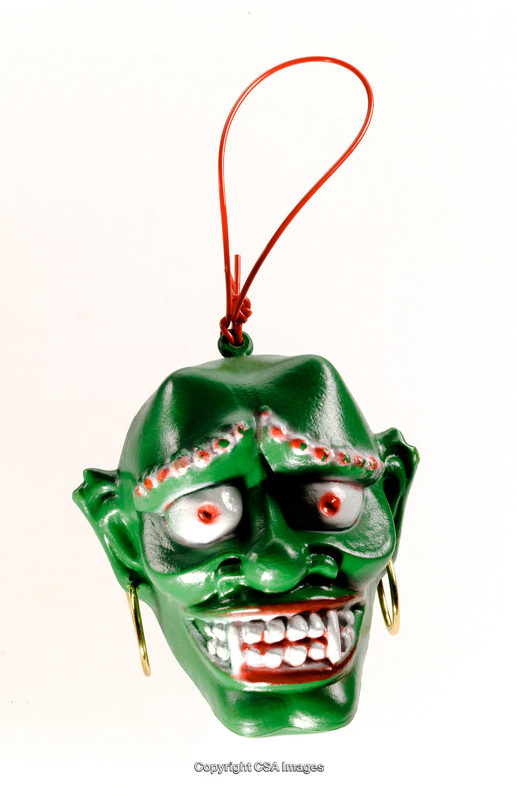 Green Plastic Monster Ornament with Decorative Features and Hanging Loop