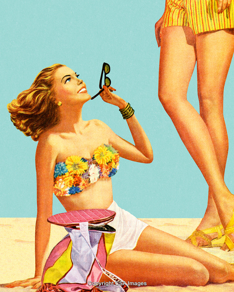 Retro Style Women Relaxing on a Sunny Beach in Summer