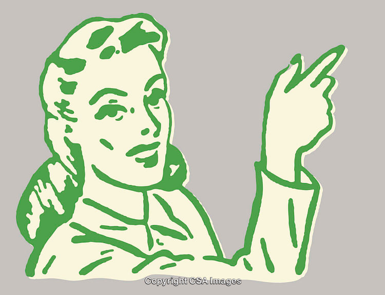 Retro Style Line Art Illustration of a Woman Pointing Gesturally