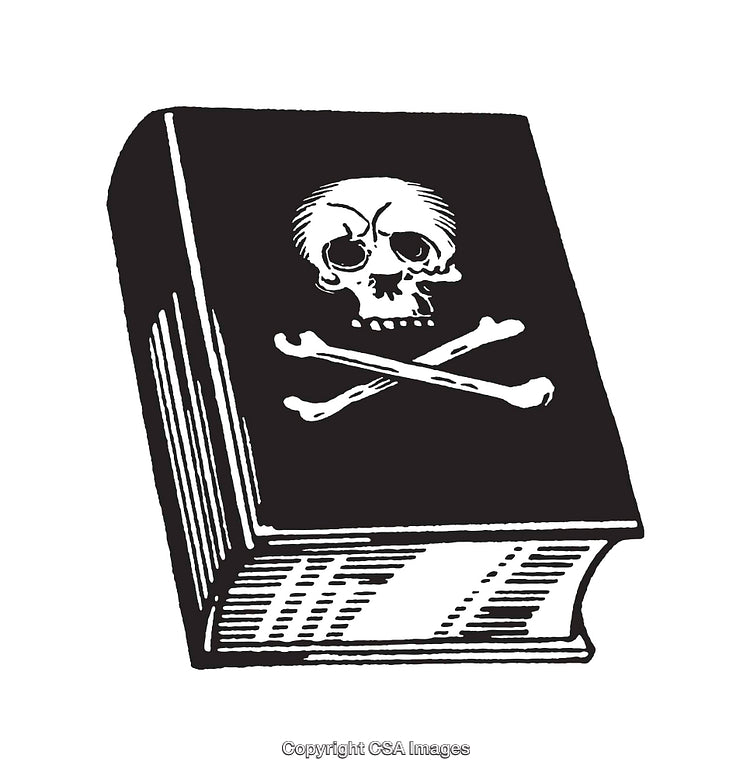 Black and White Line Art Illustration of a Skull on a Book Cover