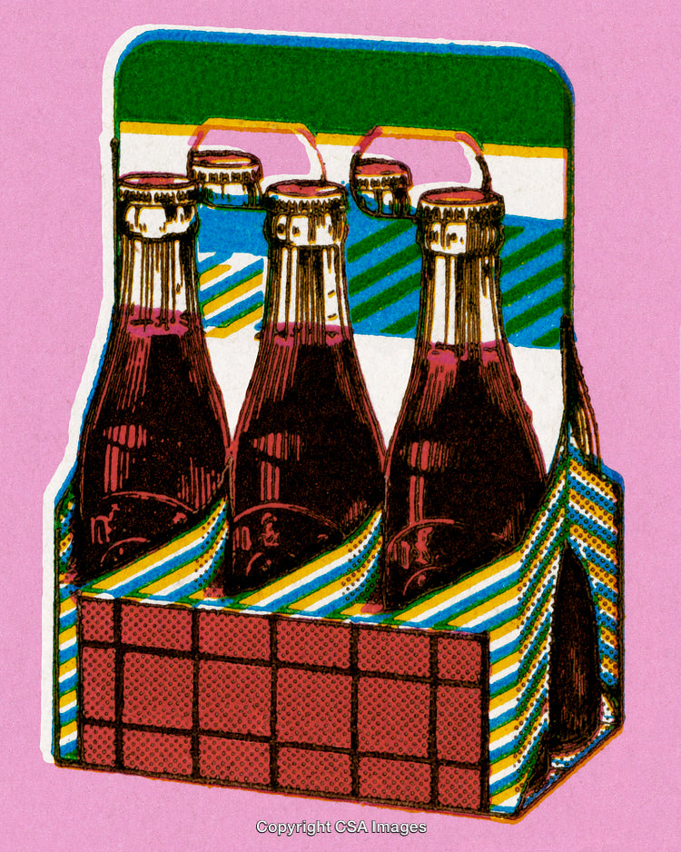 Vintage Illustration of Soft Drink Bottles in Colorful Retro Packaging
