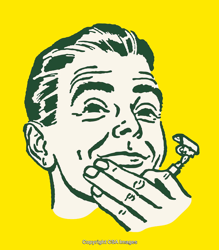 Retro Line Art Illustration of a Man Smiling and Touching His Face