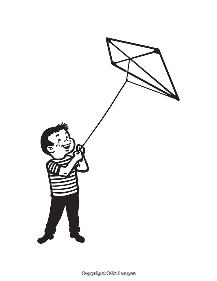 Black and White Illustration of a Child Flying a Kite with Joyful Expression