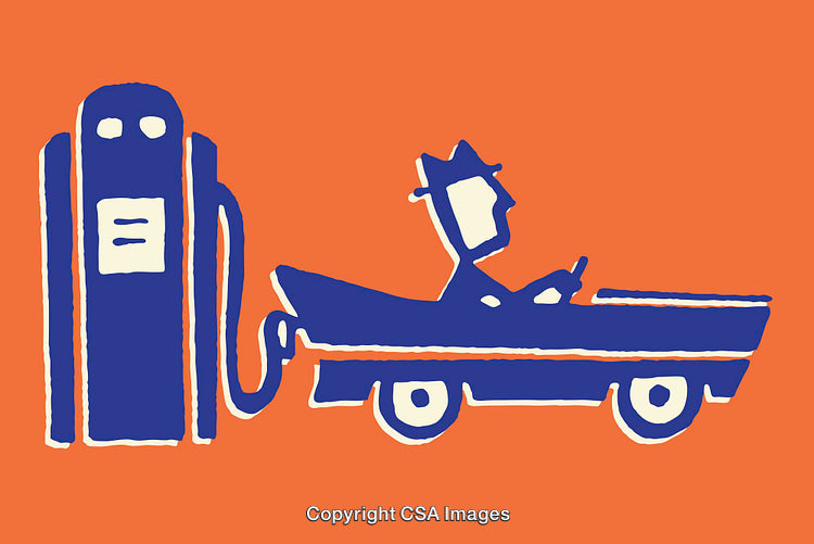 Illustration of a Car Refueling at a Gas Station on Orange Background