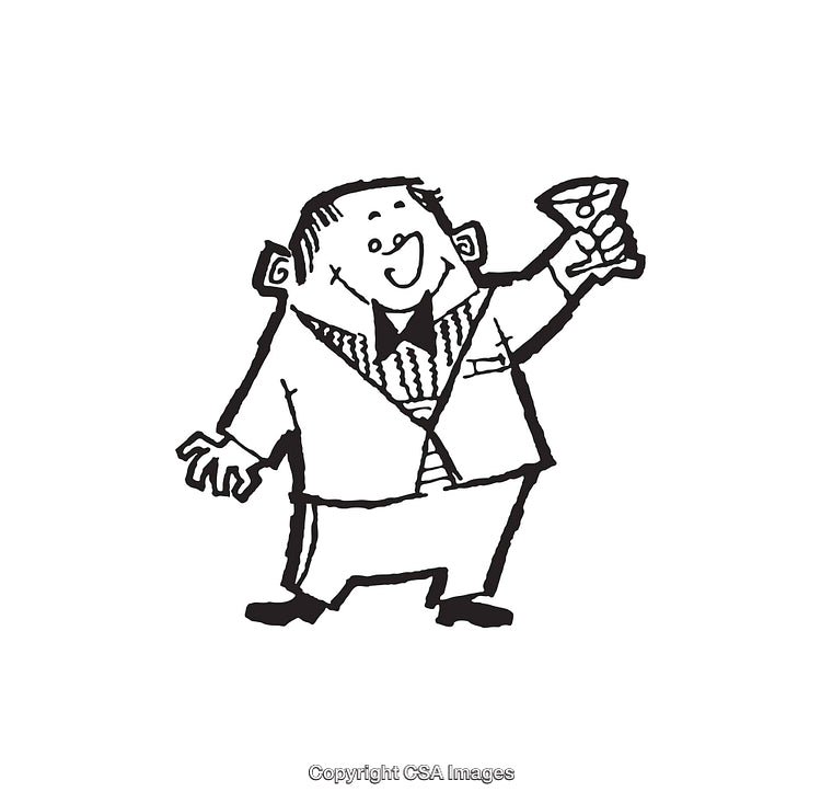 Cartoon Drawing of a Cheerful Man Holding a Drink and Smiling Happily