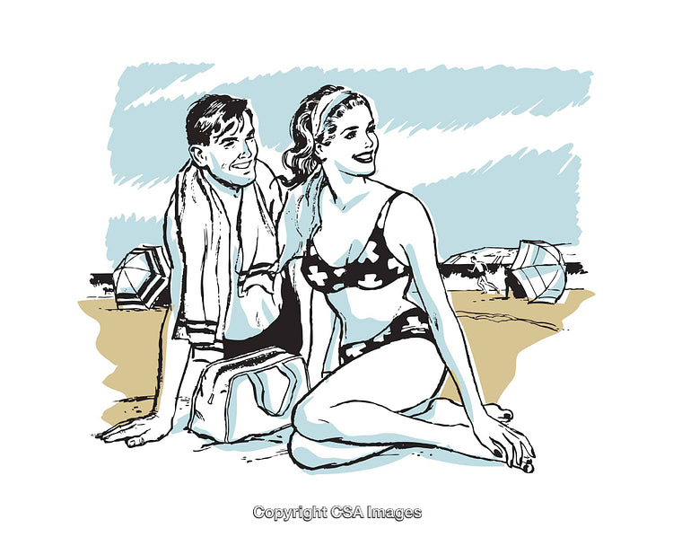 Stylish Retro Illustration of a Couple Enjoying a Scenic Beach Day