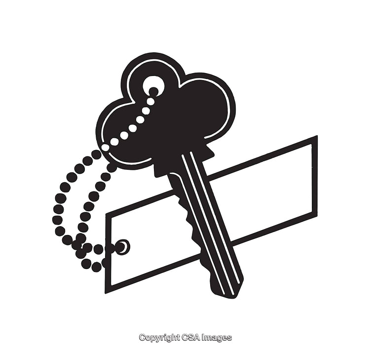 Black and White Line Art of a Vintage Key and Label Tag