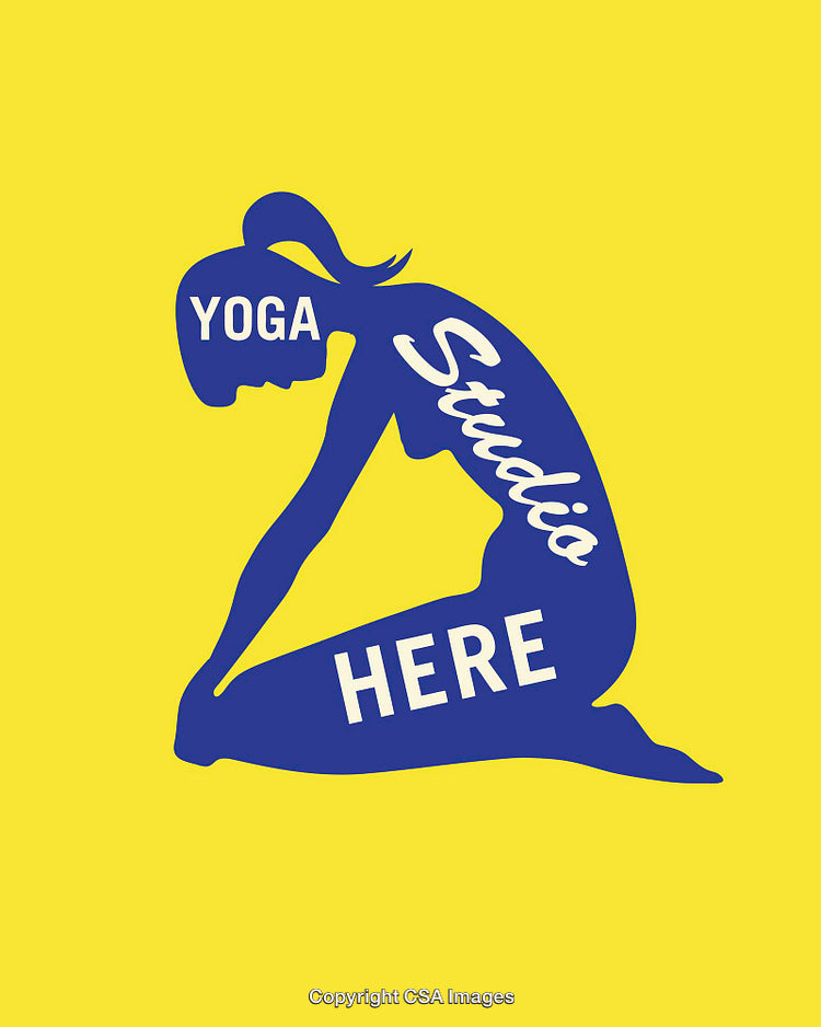 Bright Blue Yoga Studio Silhouette Graphic on Yellow Background
