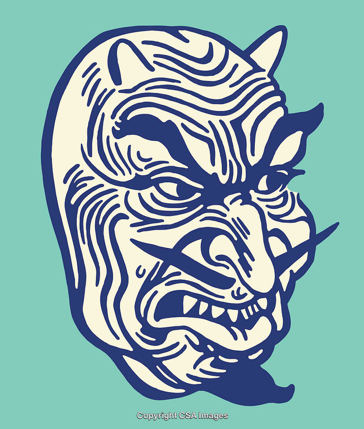 Traditional Japanese Oni Mask Illustration in Blue on a Teal Background
