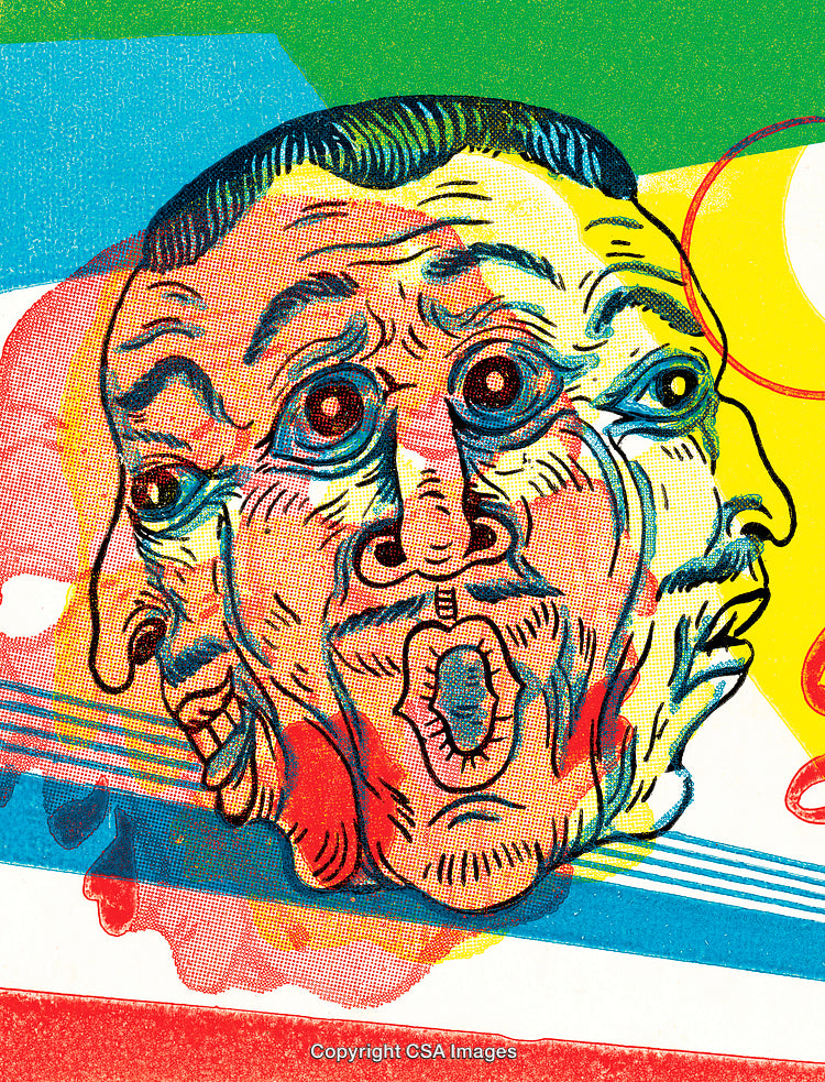 Vibrant Abstract Illustration Featuring Surreal Facial Expressions and Colorful Design