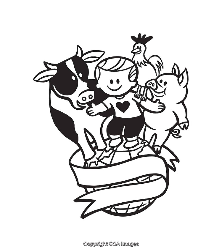 Black and White Line Art of Human and Farm Animals