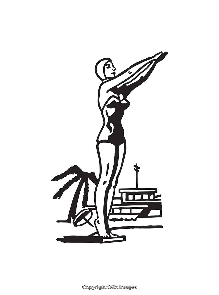 Vintage Black and White Line Art of a Woman Diving