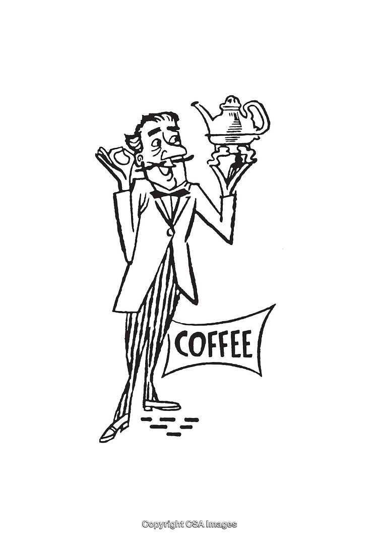 Elegant Line Art Drawing of Gentleman Holding Coffee Pot and Saucer