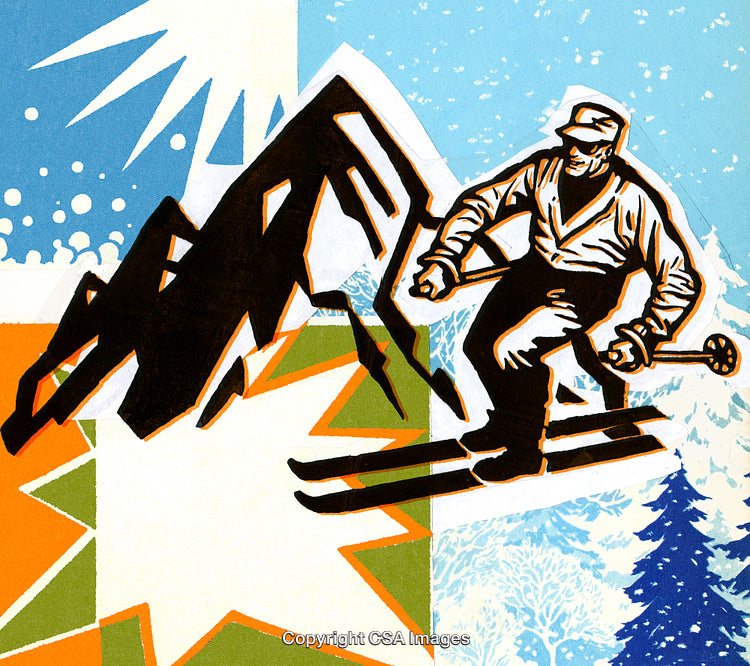 Vintage Winter Skiing Scene Featuring Snowy Mountains and a Classic Skier