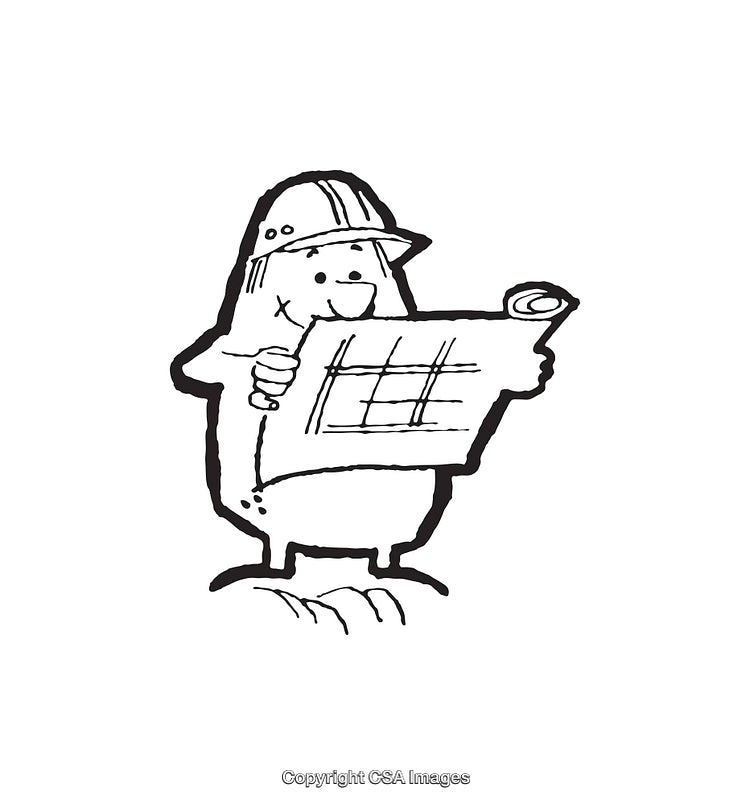 Black and White Cartoon of Construction Worker Holding a Blueprint
