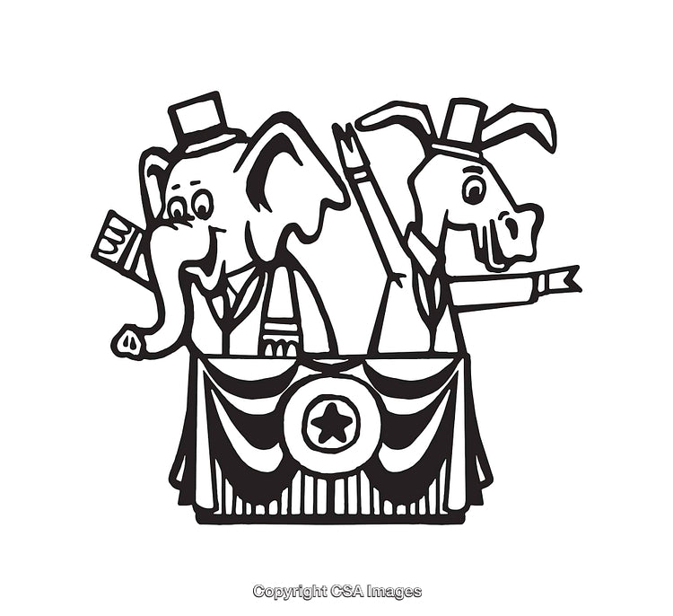 Black and White Line Art of Political Elephant and Donkey on Podium
