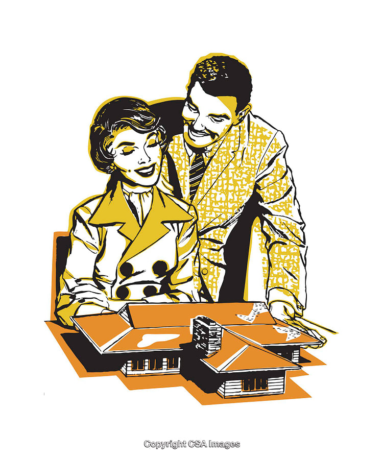 Vintage Illustration of Happy Couple Examining Architectural Model