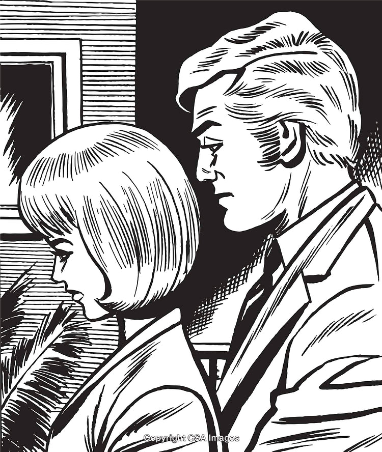 Vintage Black-and-White Illustration of Two People in Reflective Mood