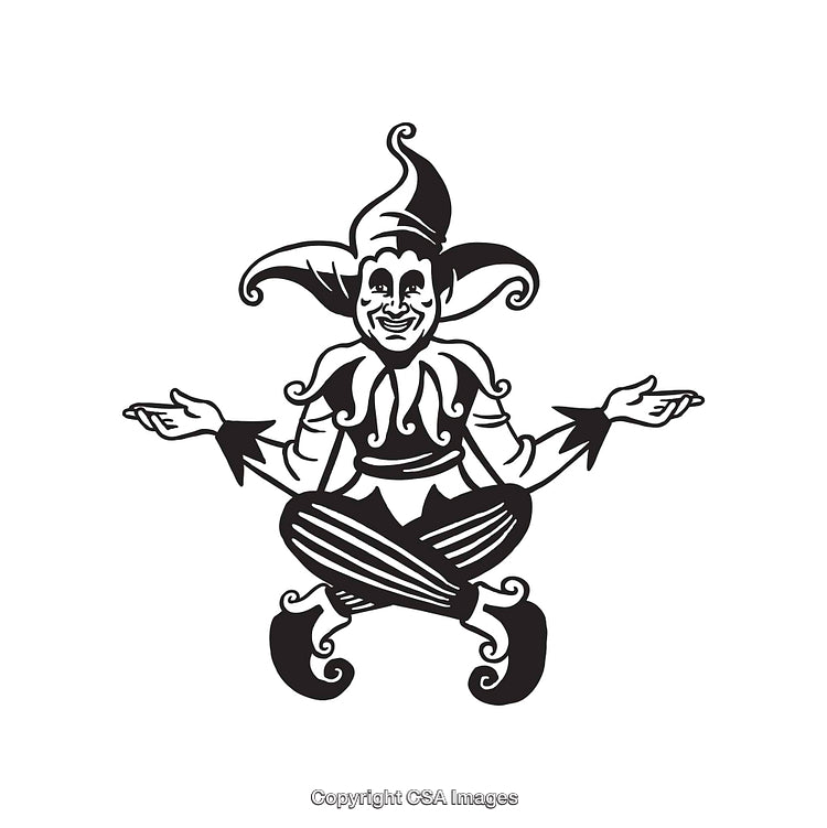 Black and White Illustration of a Joyful Jester Sitting Cross-Legged