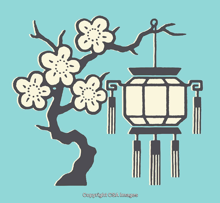 Traditional Lantern and Cherry Blossom Illustration in Colorful Art Style