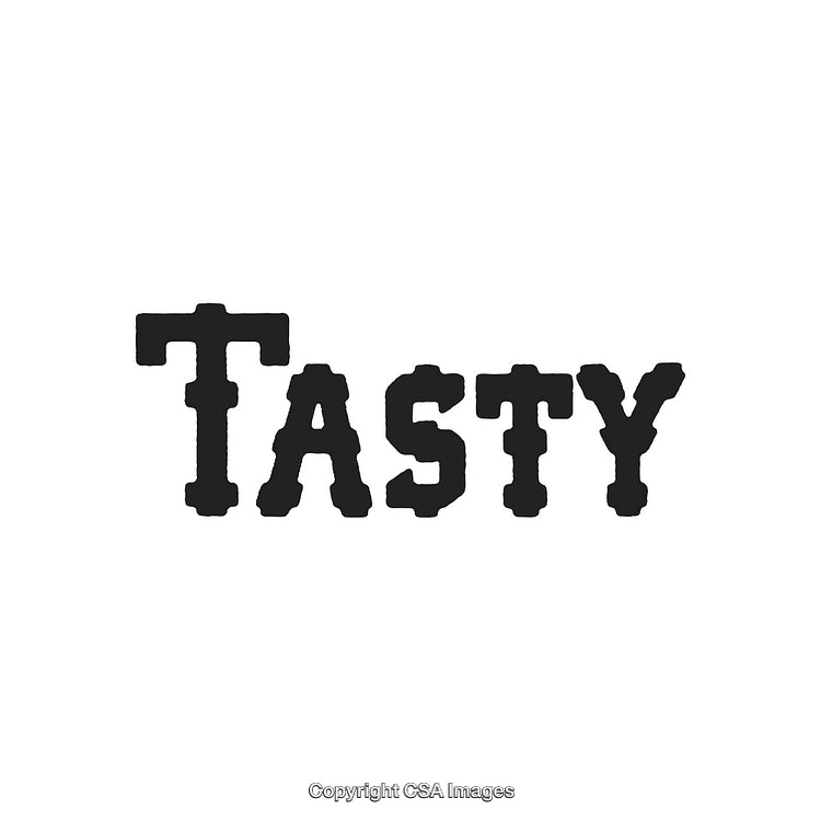 Black Stenciled Tasty Text on White Background for Culinary and Food Themes