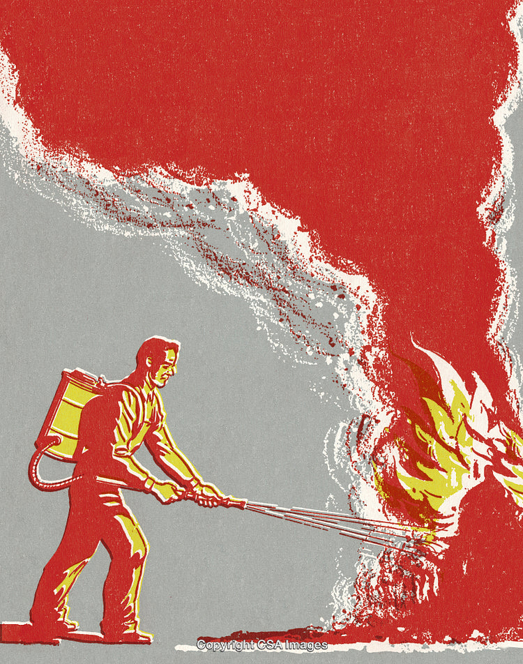 Firefighter Extinguishing Flames with Hose in Vintage Graphic Style Illustration