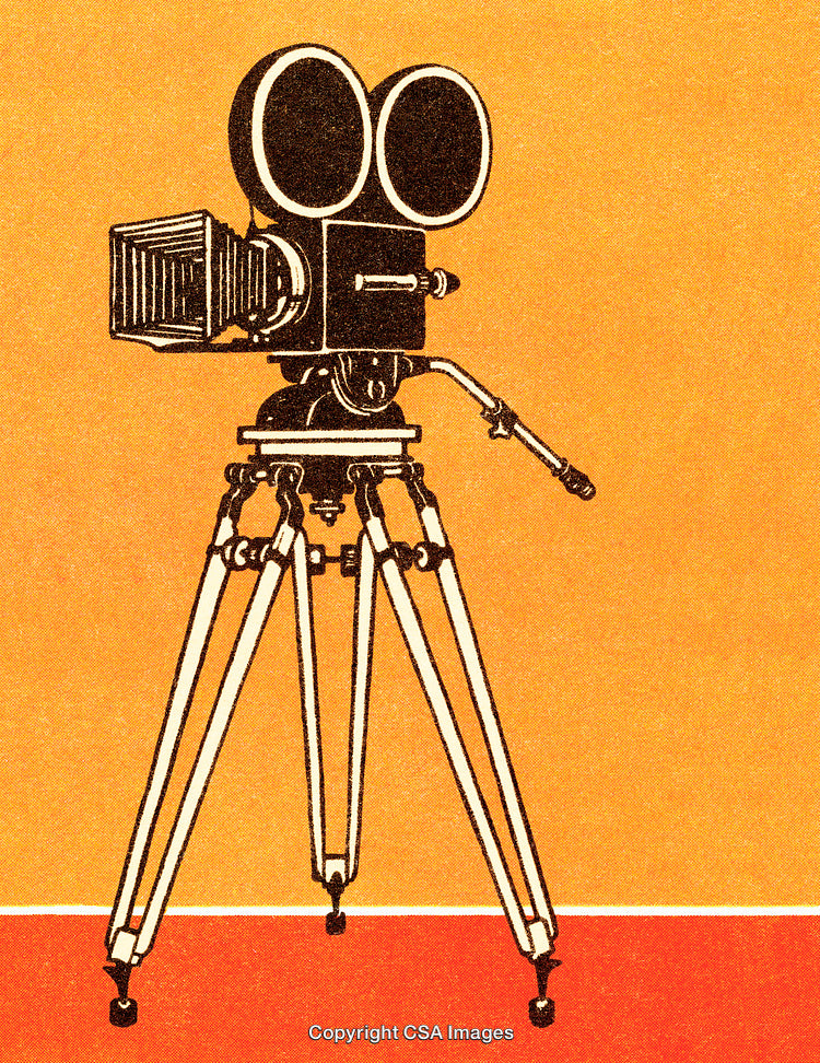 Vintage Film Camera Illustration on Tripod with Orange Background