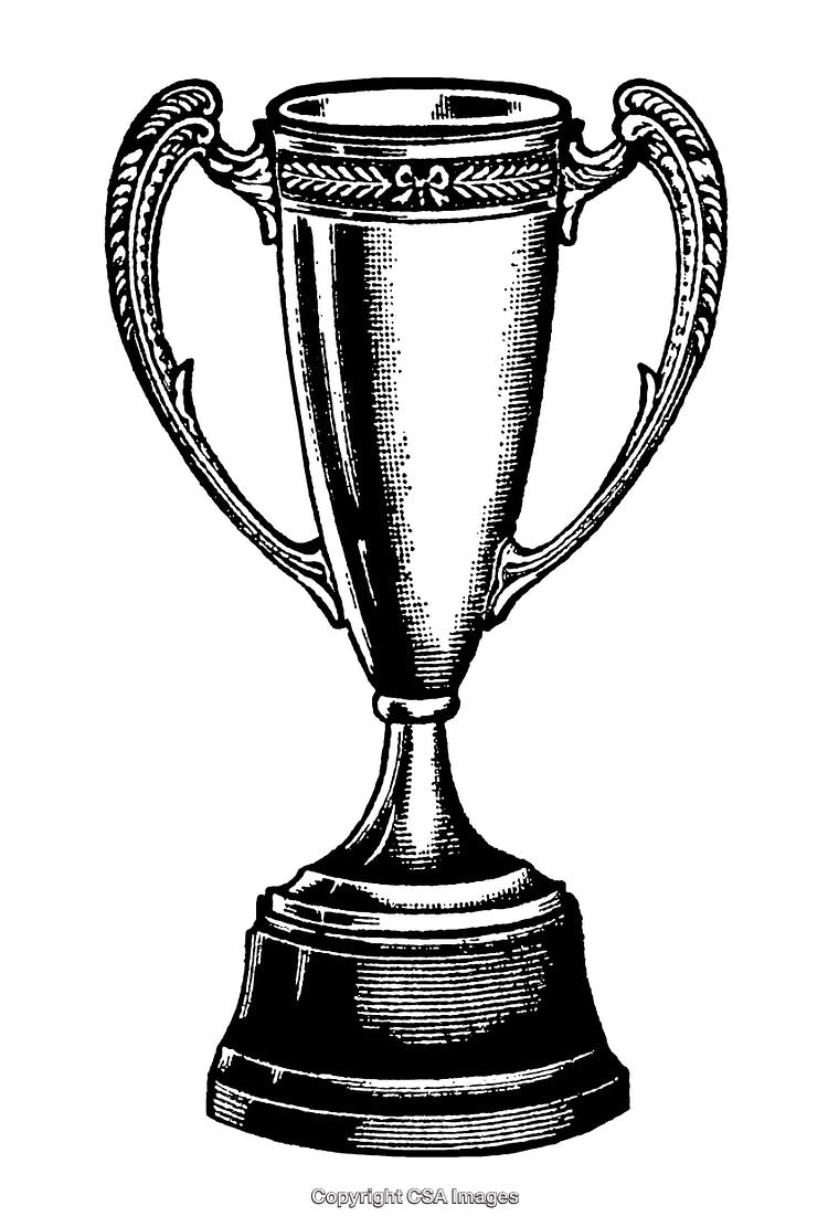 Black and White Engraving of a Trophy with Ornate Handles and Detailing