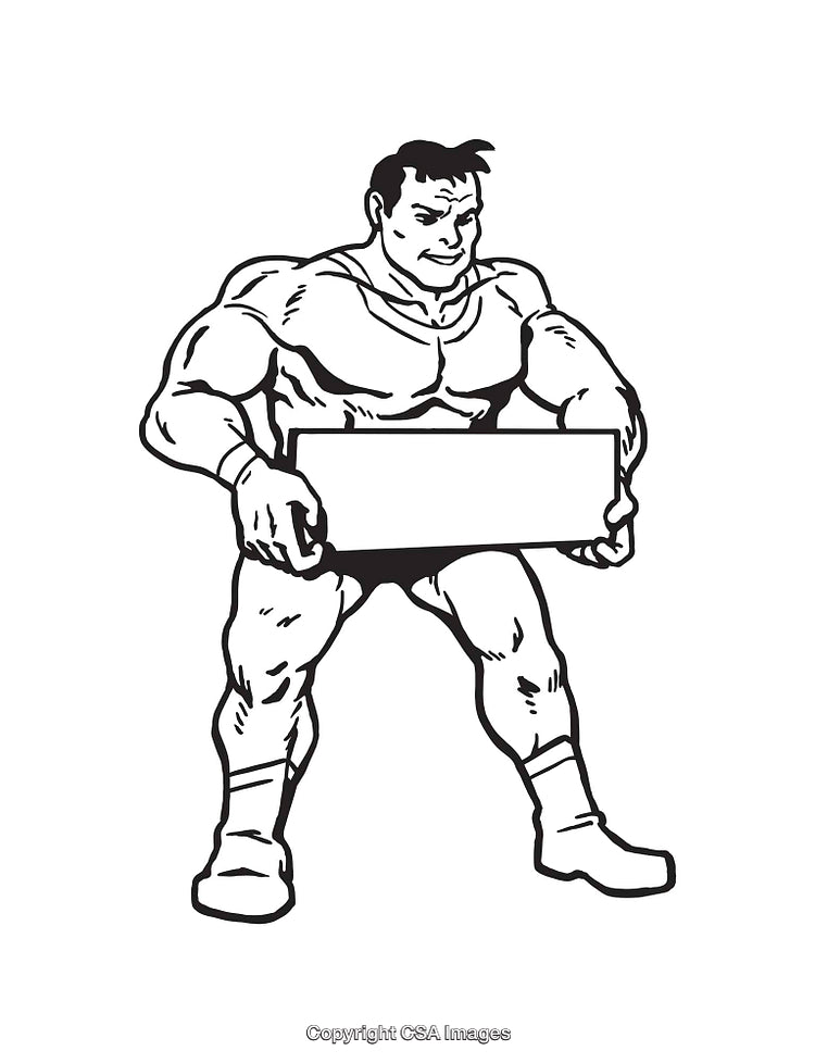 Strong Cartoon Character Holding a Blank Signboard in Black and White Line Art