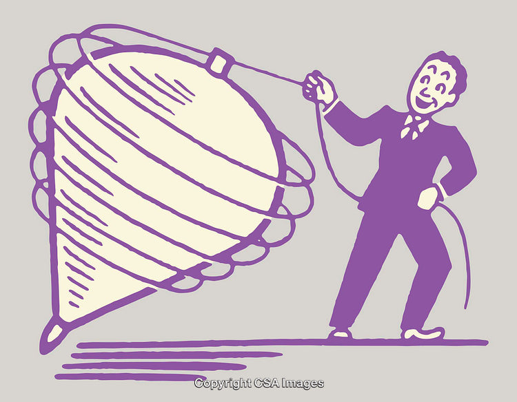 Retro Styled Businessman Spinning Large Top Toy Illustration in Purple and Cream