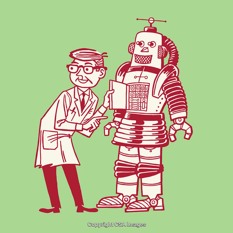 Scientist Collaborating with a Robot in a Color Line Illustration