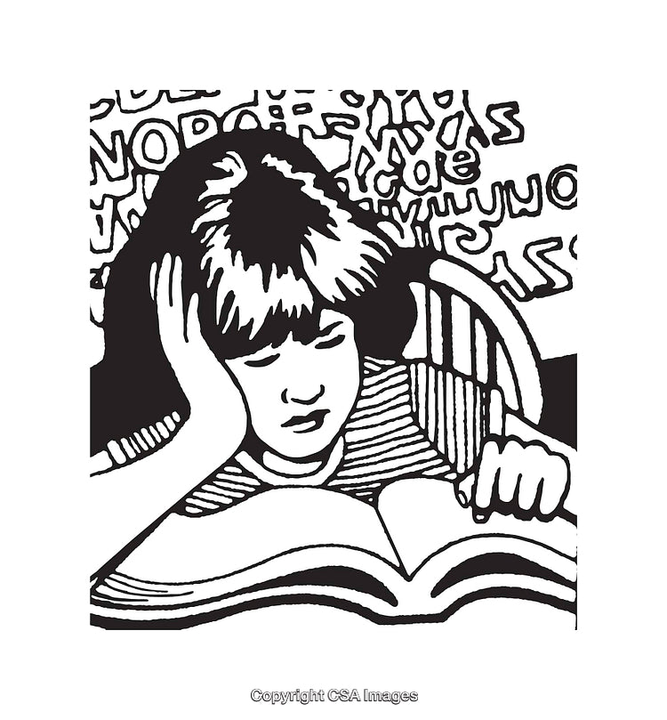Black and White Illustration of a Child Reading a Large Book