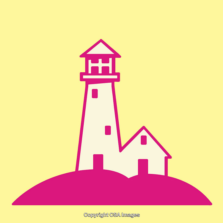 Minimalist Illustration of a Lighthouse in Vibrant Pink and Pastel Yellow