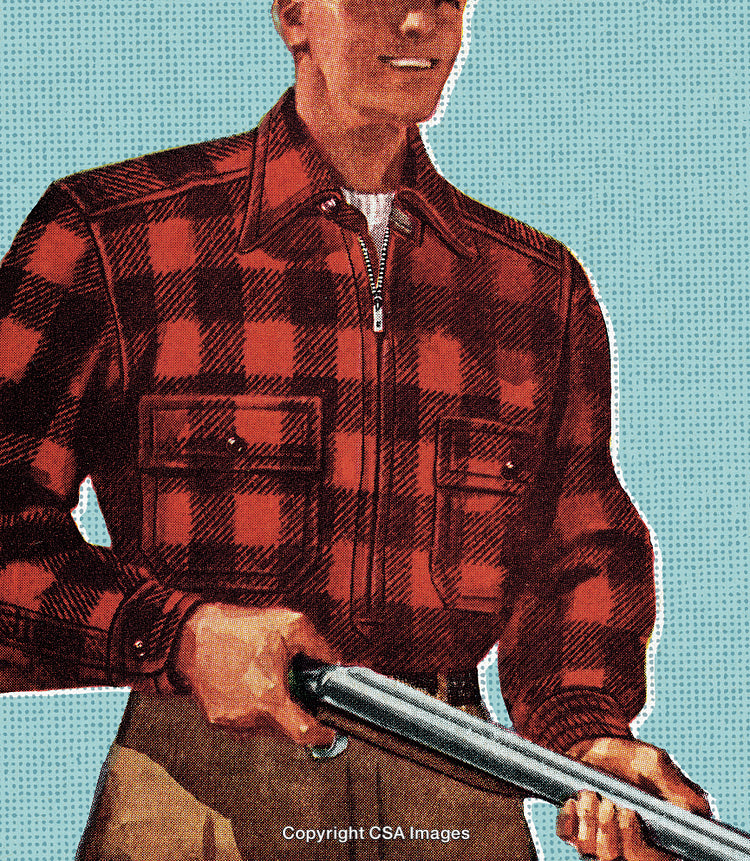 Man in Plaid Shirt Posing with Rifle Against Vintage Background