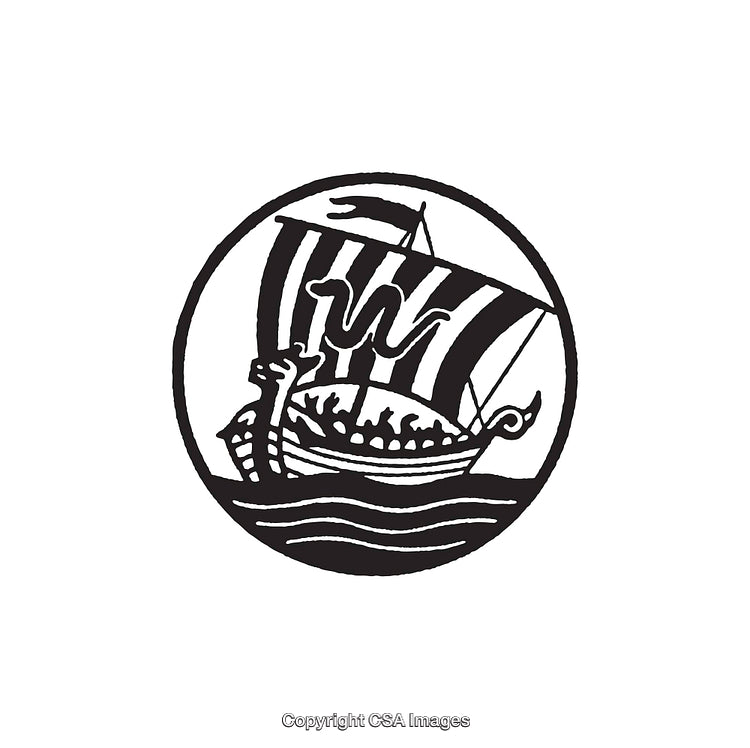 Black and White Viking Ship Line Art Illustration with Striped Sails