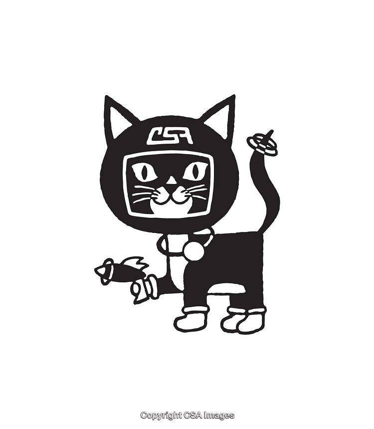 Black and White Illustration of a Cat with Futuristic Design Elements