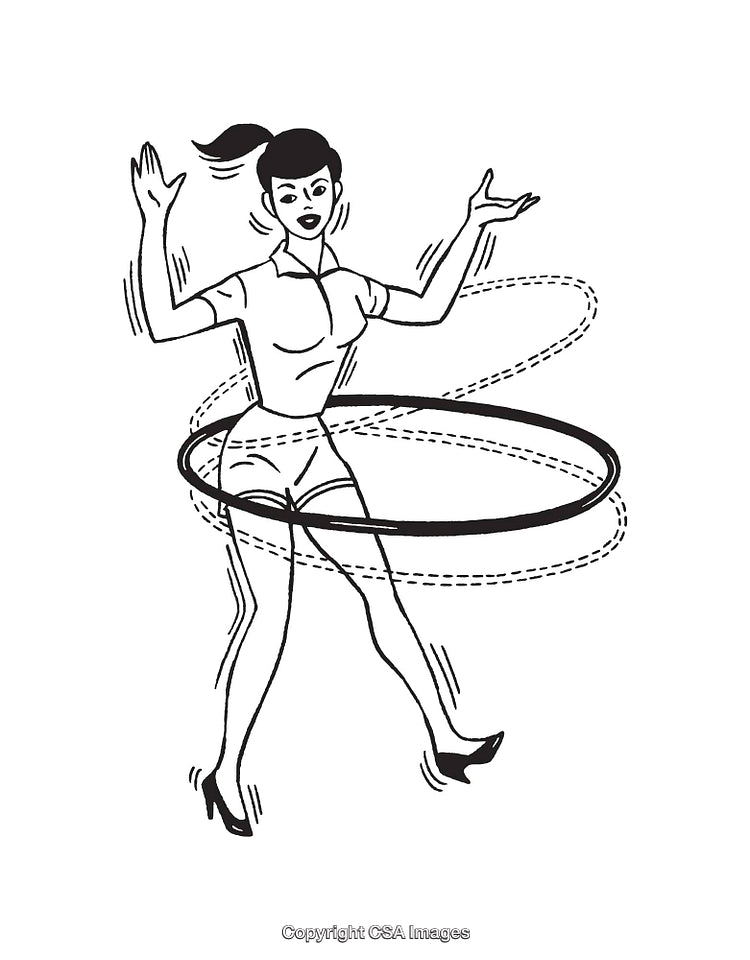Retro Black and White Illustration of Woman Hula Hooping in High Heels