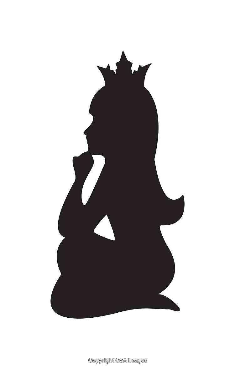 Silhouette of a Crowned Princess in Thoughtful Pose on White Background