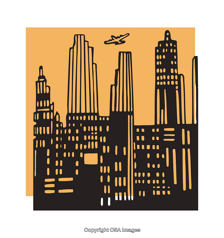 Stylized Urban Skyline Illustration with Airplane in Orange and Black Tones