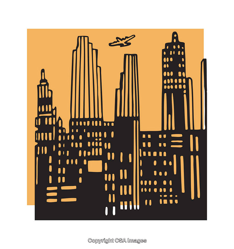 Stylized Urban Skyline Illustration with Airplane in Orange and Black Tones