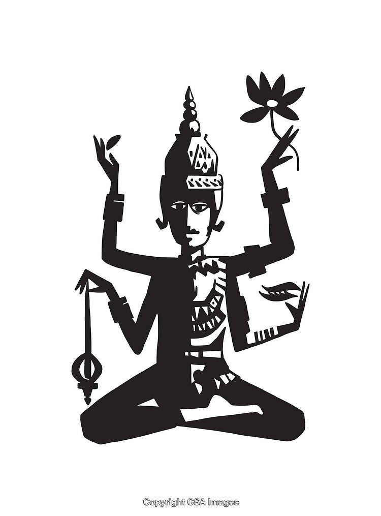 Black and White Line Art Illustration of a Meditative Figure with Multiple Arms